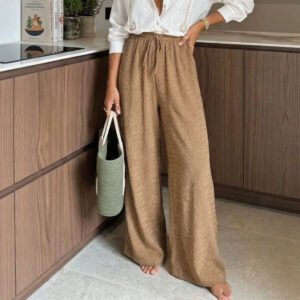 Womens Corduroy Loose-Fit Casual Straight Pants With Elastic Waist