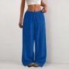 1ea3e4c2-5f08-450c-ab93-374cb880816c.jpg Women's Solid Color Loose Wrinkle Waist Drawstring Wide Leg Casual Trousers