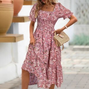 2901723d-3e51-4526-8b0a-66b54d6c8414.jpg Women's Sleeve Waist Roll Square Collar Dress Woven Digital