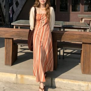 Vintage Slim-Fit Strap Dress With Diagonal Stripes