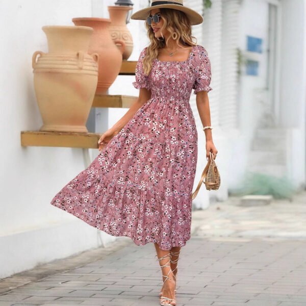420c95f5-1748-4bed-91d0-ddc34b6b44d6.jpg Women's Sleeve Waist Roll Square Collar Dress Woven Digital