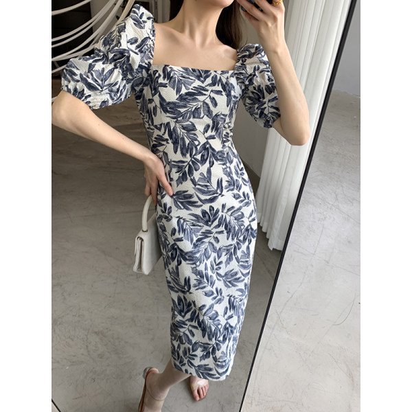 8612116a-7fd6-43f0-9e58-b92a494c1fa5.jpg Floral Dress Woman Square-neck Puff Sleeve French Style Temperament Slimming Dress