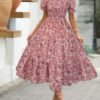 Women's Sleeve Waist Roll Square Collar Dress Woven Digital